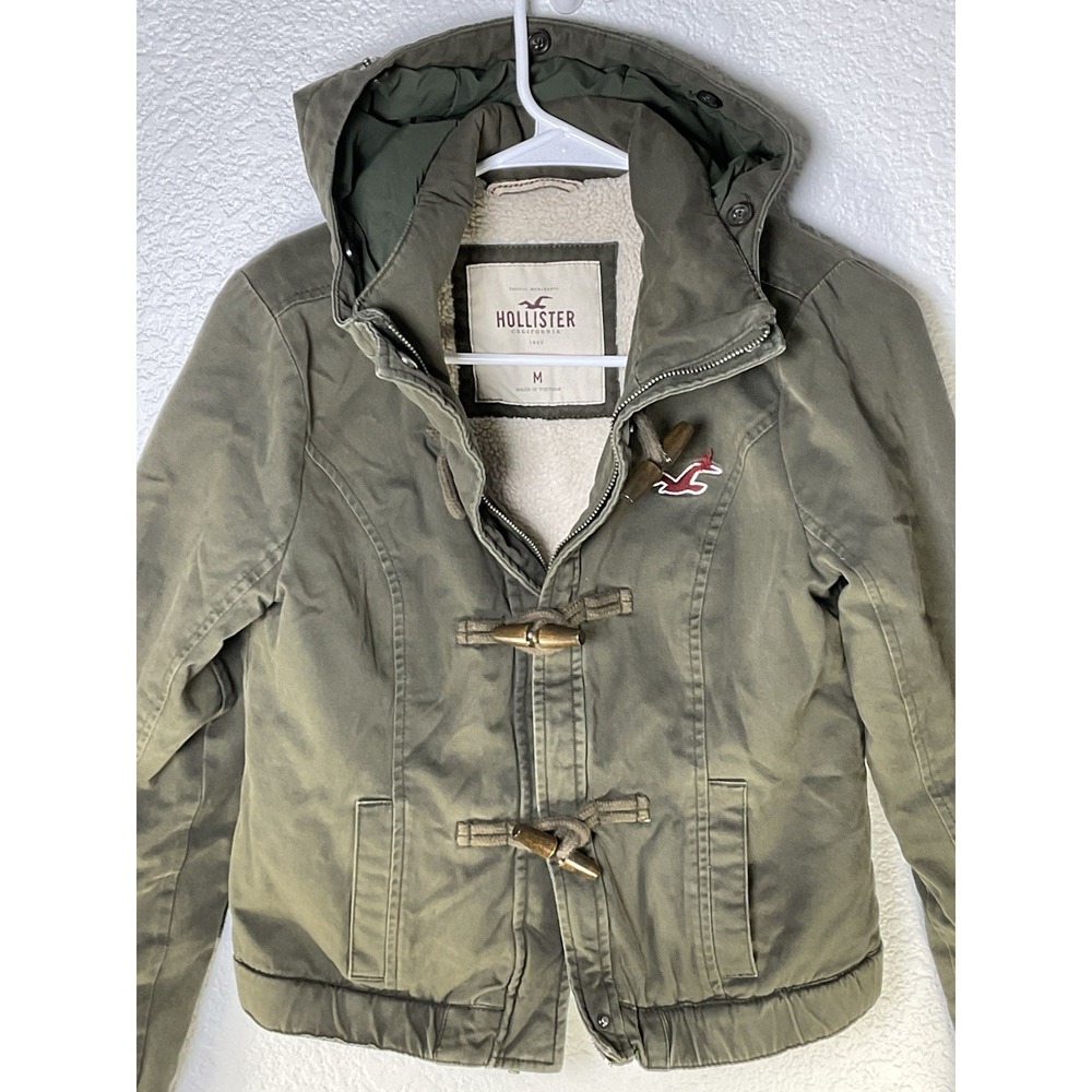 Hollister Jacket Womens Med Green Sherpa Fleece Lined Toggle Crop Coat Y2K 297
